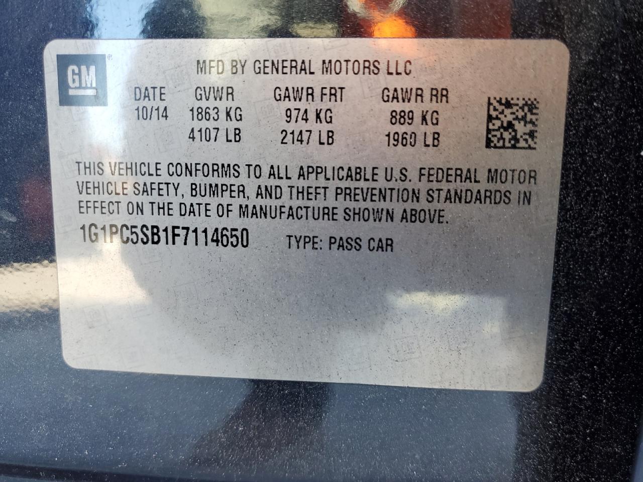 2015 Chevrolet Cruze VIN 1G1PC5SB1F7114650 Copart auction photo, rear end damage thumbnail 14
