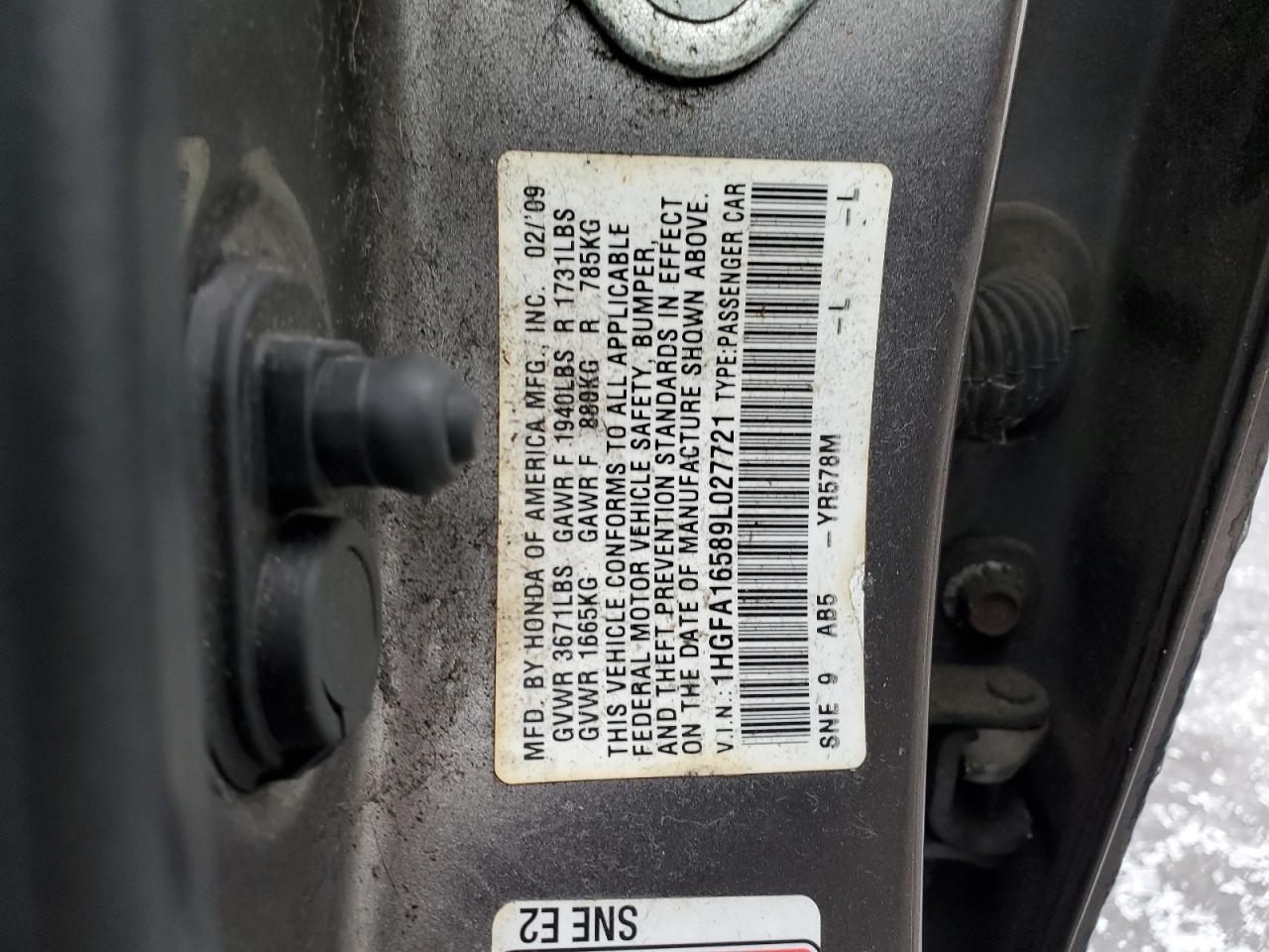 2009 Honda Civic VIN 1HGFA16589L027721 Copart auction photo, front end damage thumbnail 14