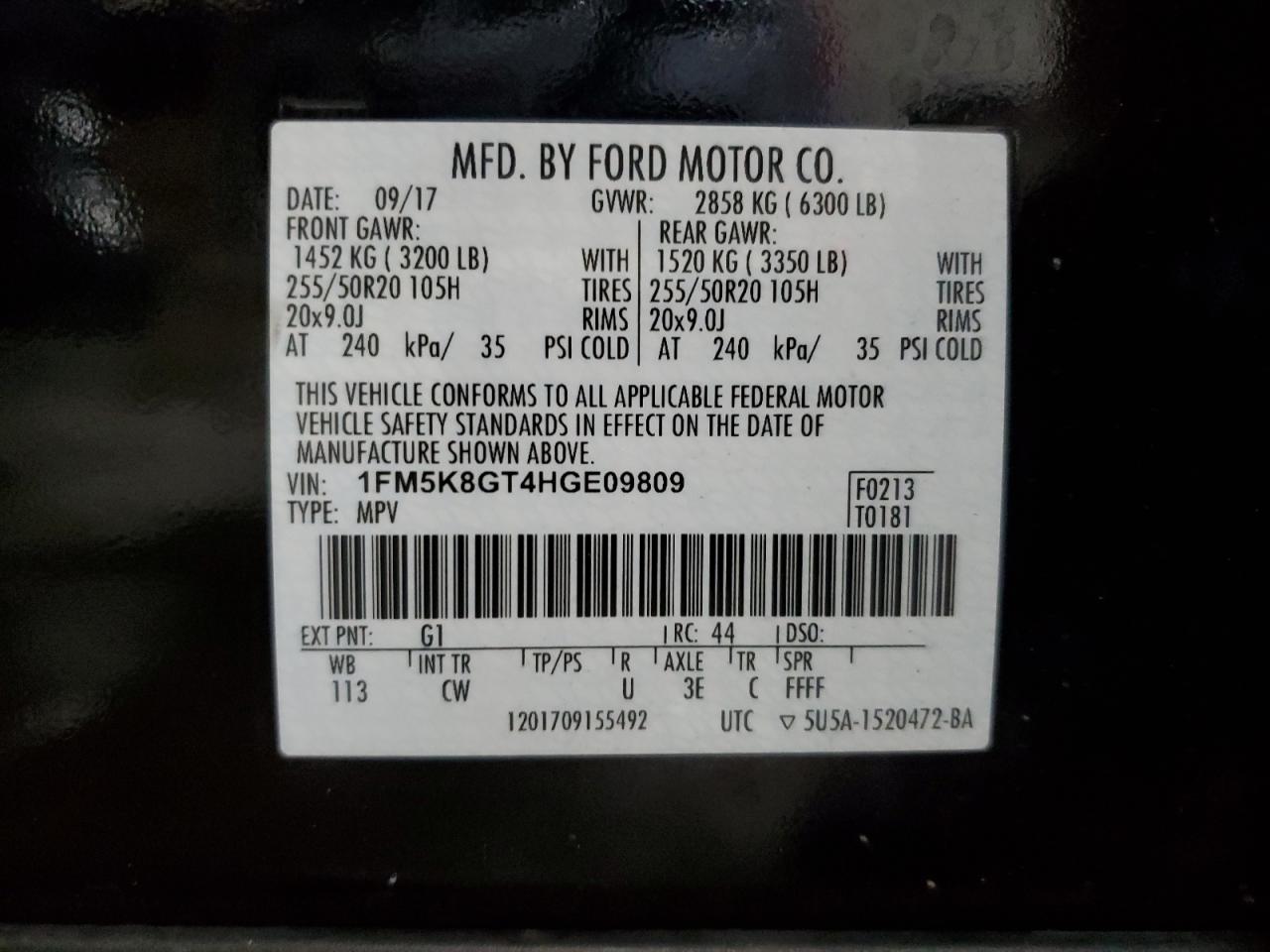 2017 Ford Explorer VIN 1FM5K8GT4HGE09809 Copart auction photo, front end damage thumbnail 13