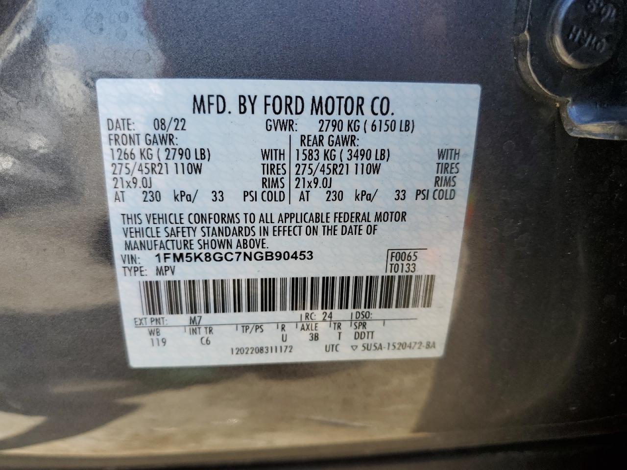 2022 Ford Explorer VIN 1FM5K8GC7NGB90453 Copart auction photo, rear end damage thumbnail 14