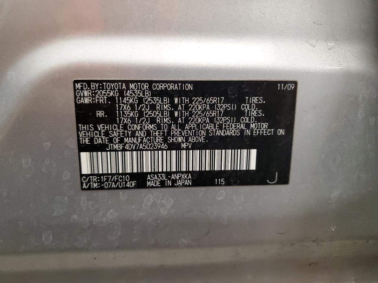 2010 Toyota RAV 4 VIN JTMBF4DV7A5023946 Copart auction photo, rear end damage thumbnail 13