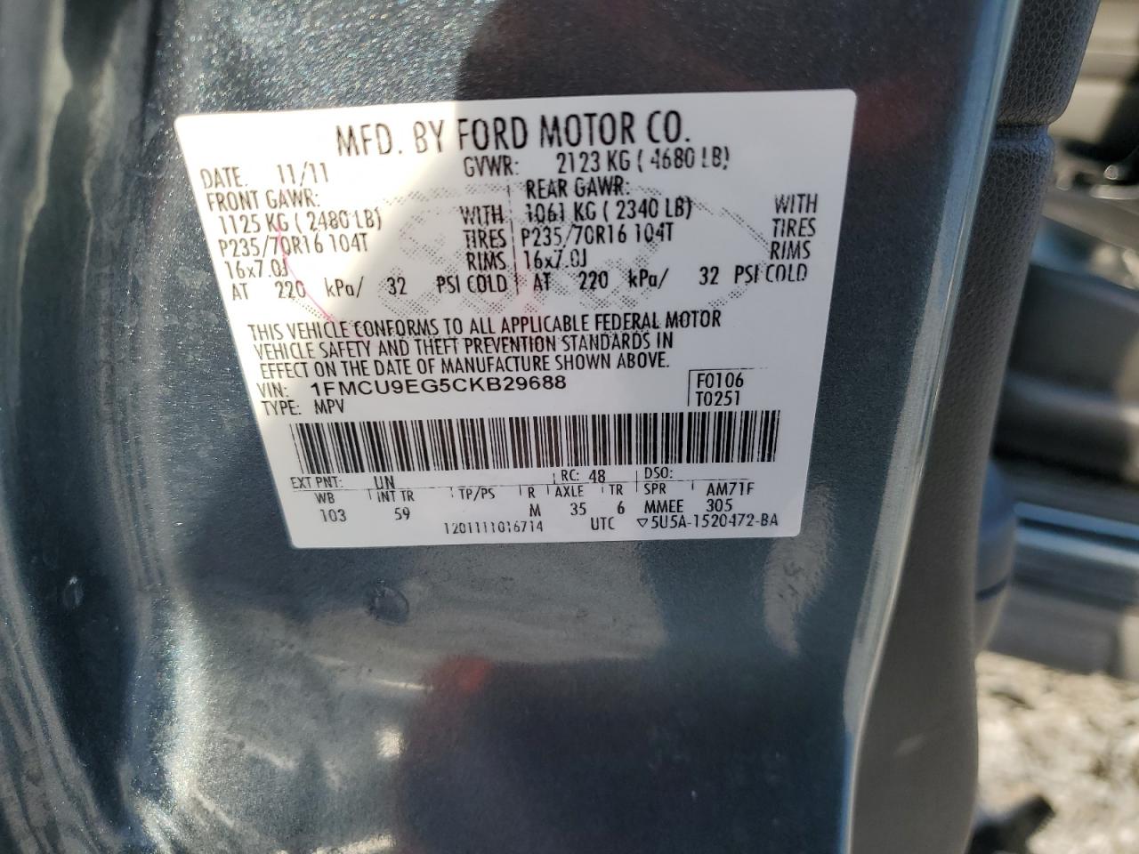 2012 Ford Escape VIN 1FMCU9EG5CKB29688 Copart auction photo, front end damage thumbnail 12