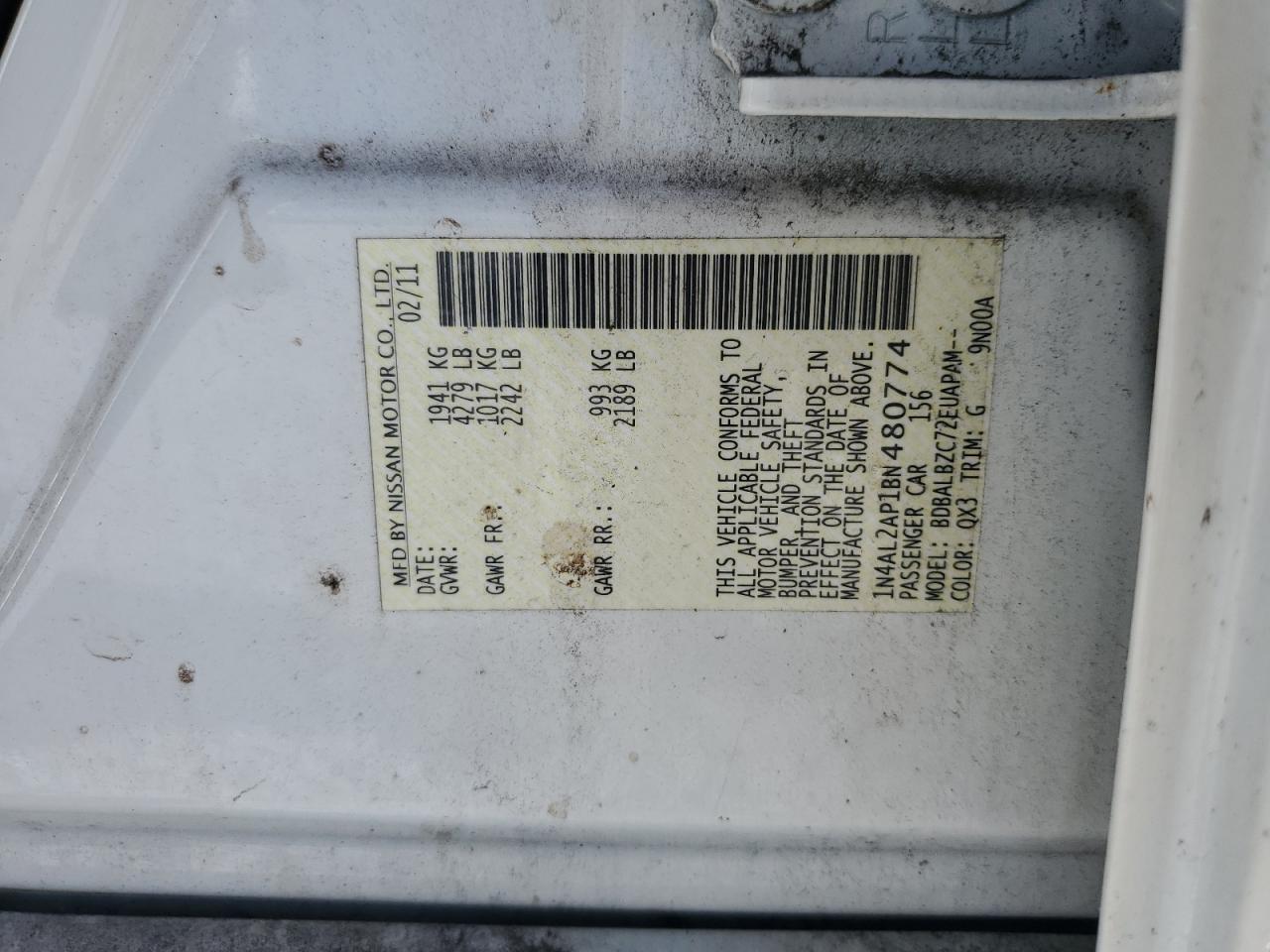 2011 Nissan Altima VIN 1N4AL2AP1BN480774 Copart auction photo, undercarriage damage thumbnail 13