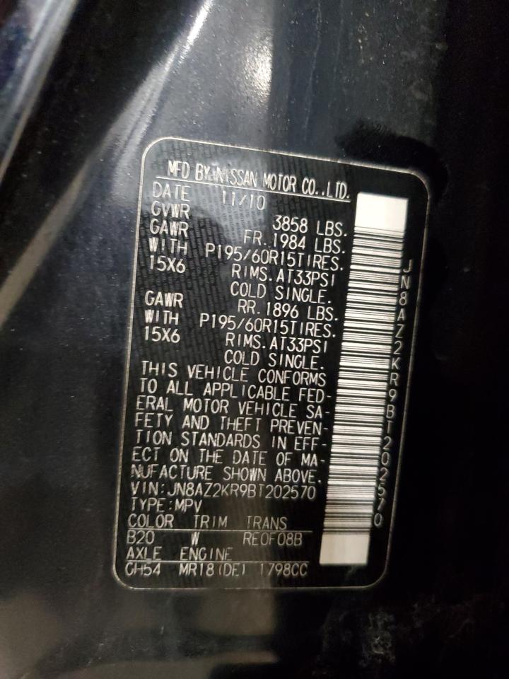 2011 Nissan Cube VIN JN8AZ2KR9BT202570 Copart auction photo, front end / side damage thumbnail 13
