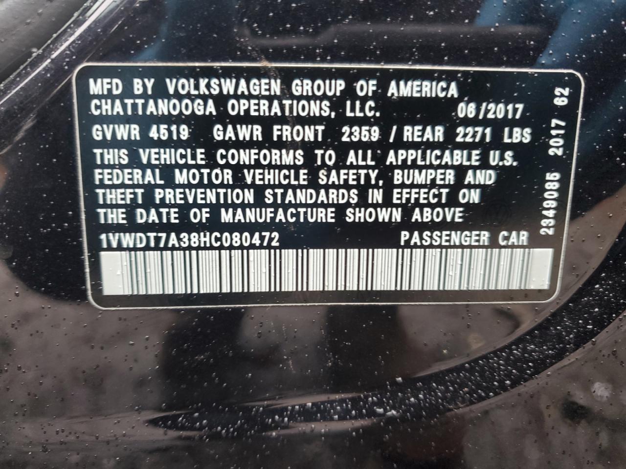 2017 Volkswagen Passat VIN 1VWDT7A38HC080472 Copart auction photo, front end / rear end damage thumbnail 13