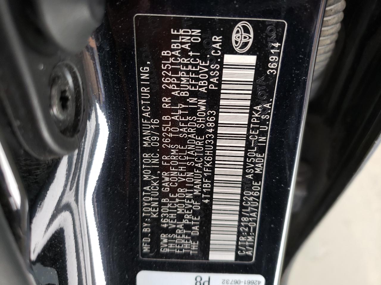 2017 Toyota Camry VIN 4T1BF1FK6HU334863 Copart auction photo, front end damage thumbnail 12