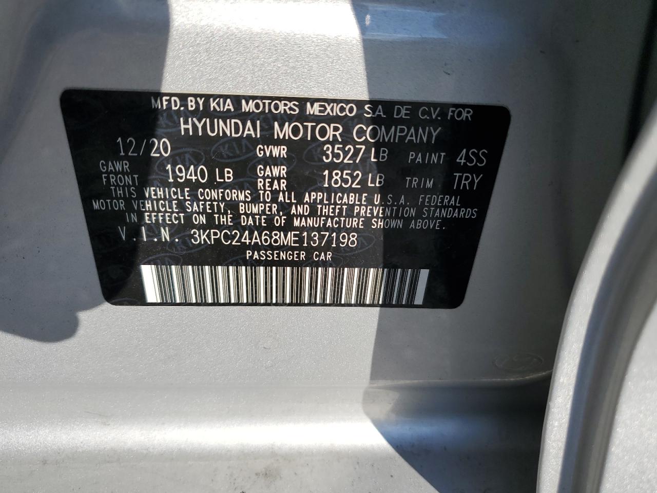 2021 Hyundai Accent VIN 3KPC24A68ME137198 Copart auction photo, side damage thumbnail 12