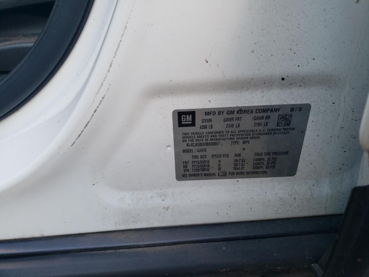 2017 Buick Encore VIN KL4CJASBXHB030857 Copart auction photo, rear end damage thumbnail 12