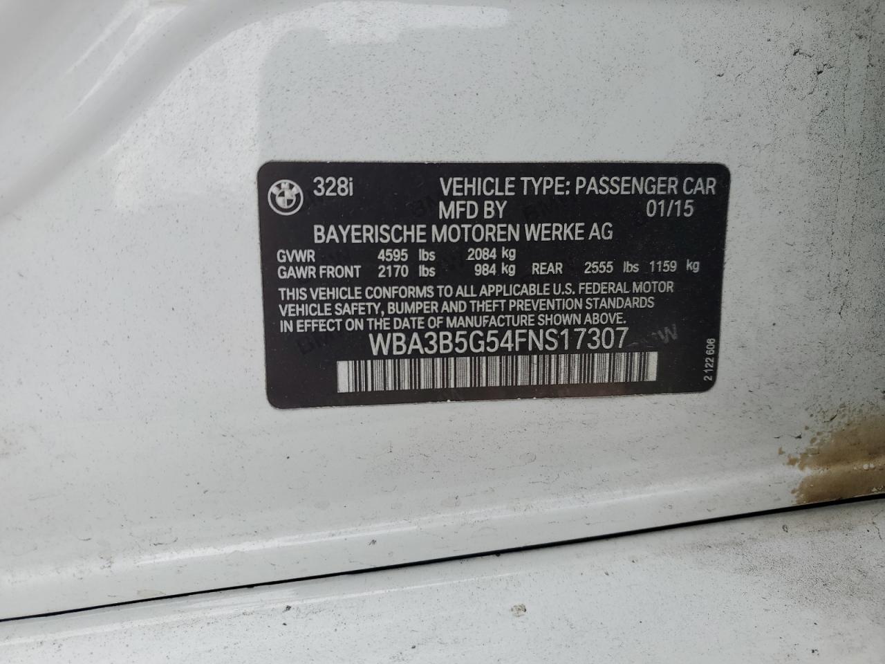 2015 BMW 3er VIN WBA3B5G54FNS17307 Copart auction photo, burn / undercarriage damage thumbnail 12