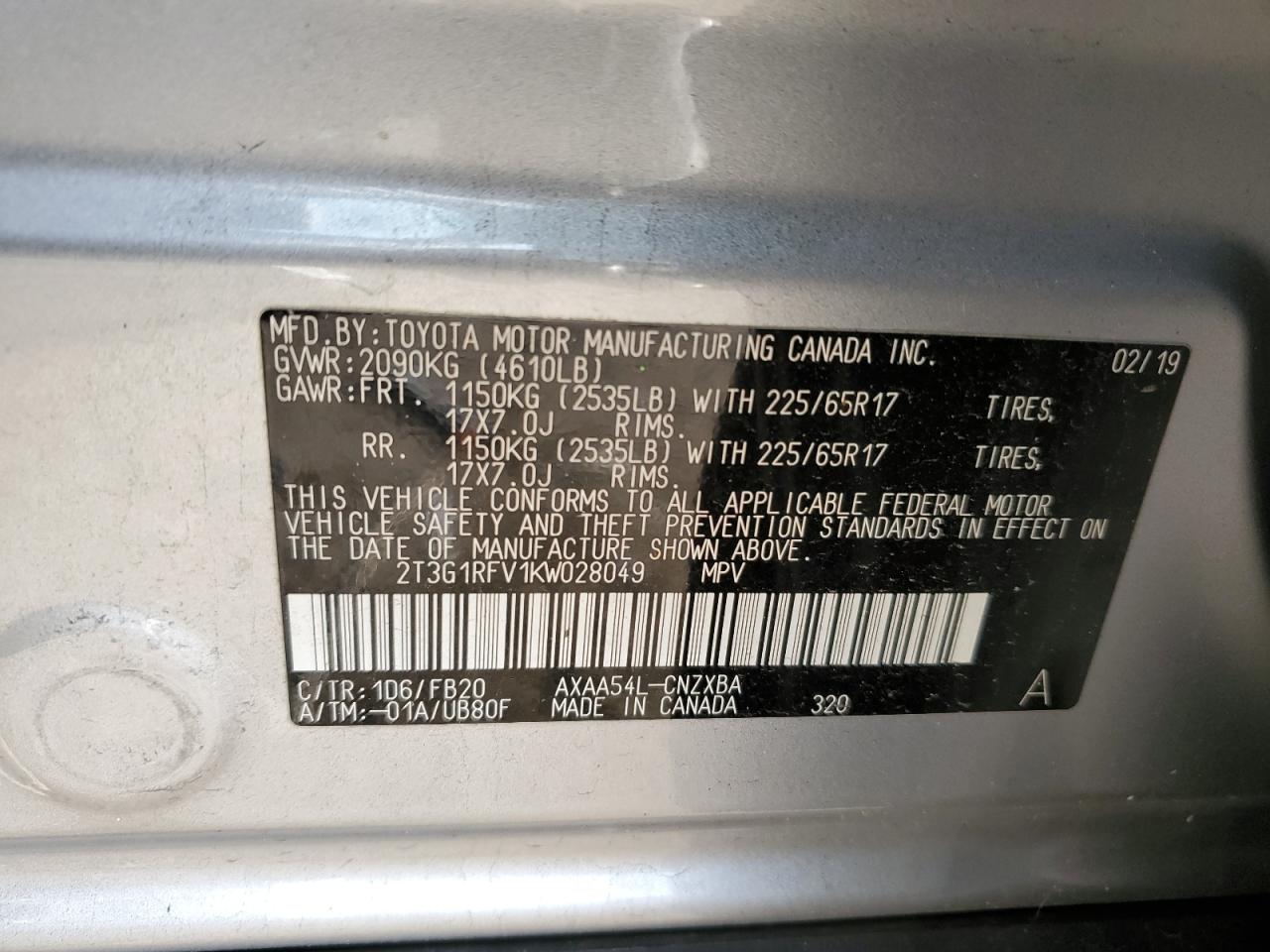 2019 Toyota RAV 4 VIN 2T3G1RFV1KW028049 Copart auction photo, front end damage thumbnail 15