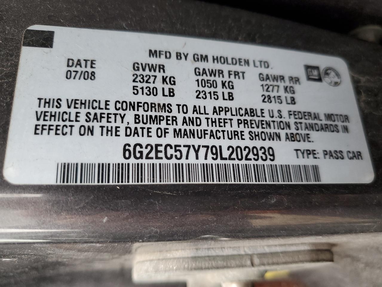 2009 Pontiac G8 VIN 6G2EC57Y79L202939 Copart auction photo, side / rear end damage thumbnail 14