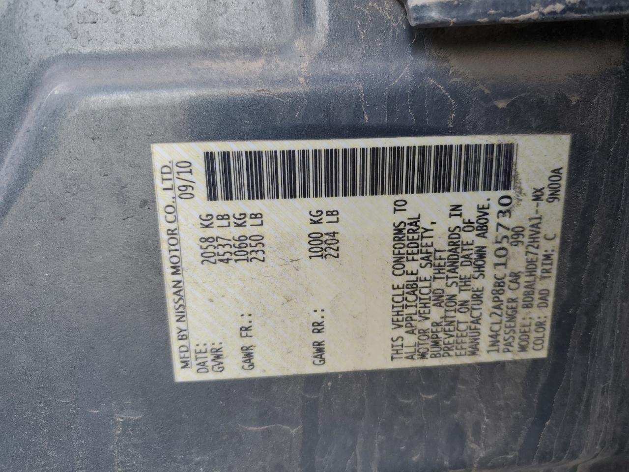 2011 Nissan Altima VIN 1N4CL2AP8BC105730 Copart auction photo, front end damage thumbnail 14