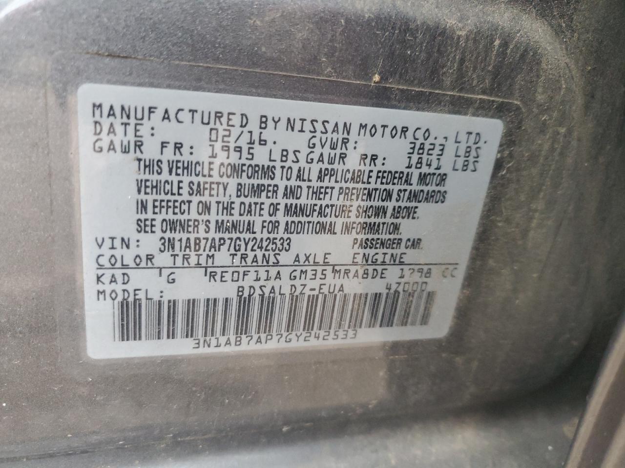 2016 Nissan Sentra VIN 3N1AB7AP7GY242533 Copart auction photo, front end damage thumbnail 13