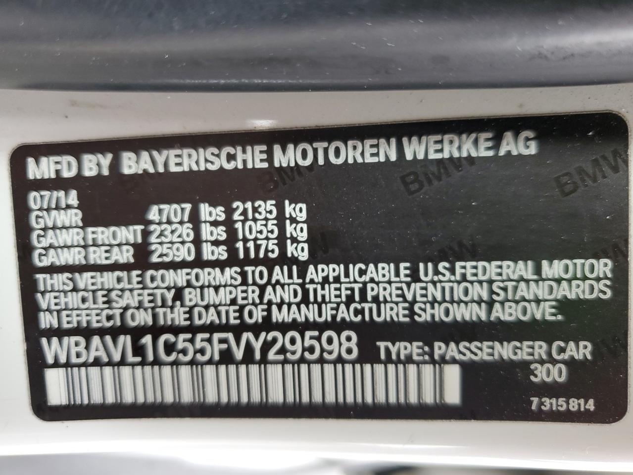 2015 BMW X1 VIN WBAVL1C55FVY29598 Copart auction photo, front end damage thumbnail 15