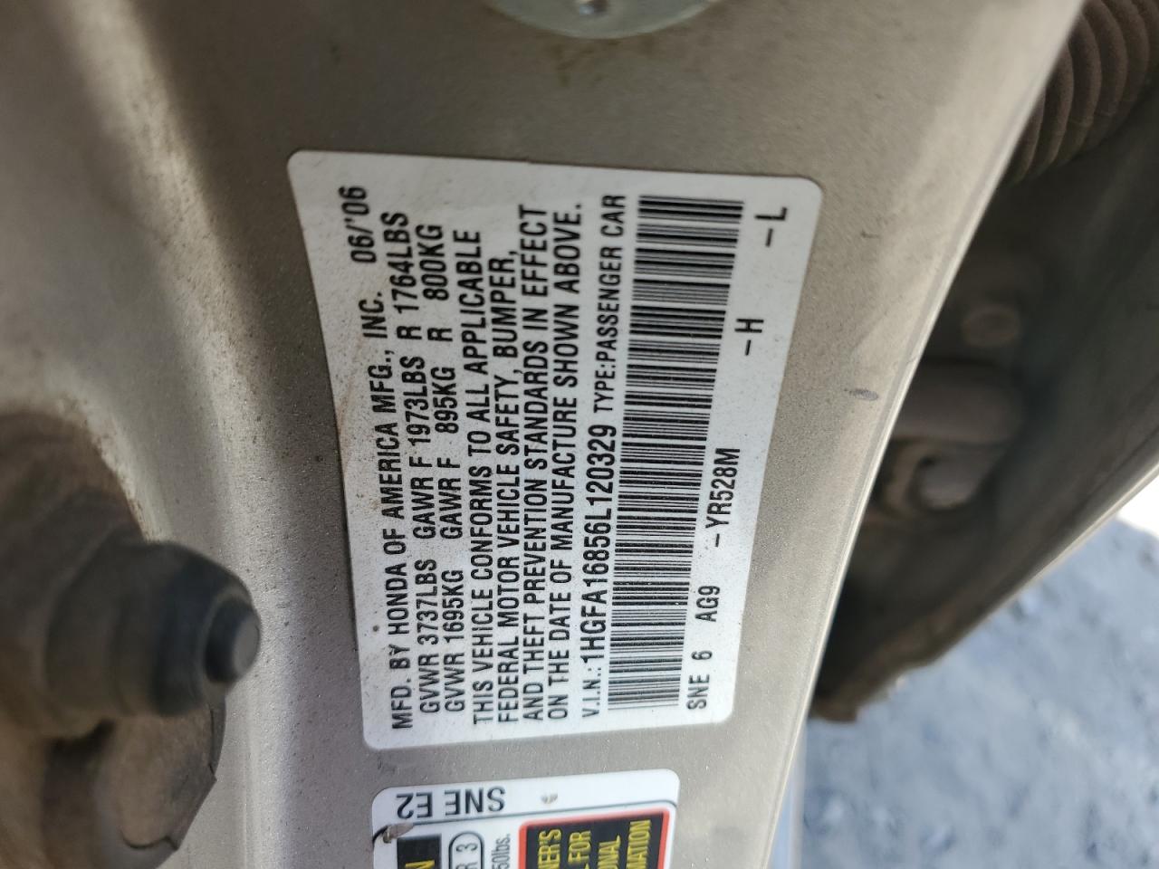 2006 Honda Civic VIN 1HGFA16856L120329 Copart auction photo, front end / side damage thumbnail 12