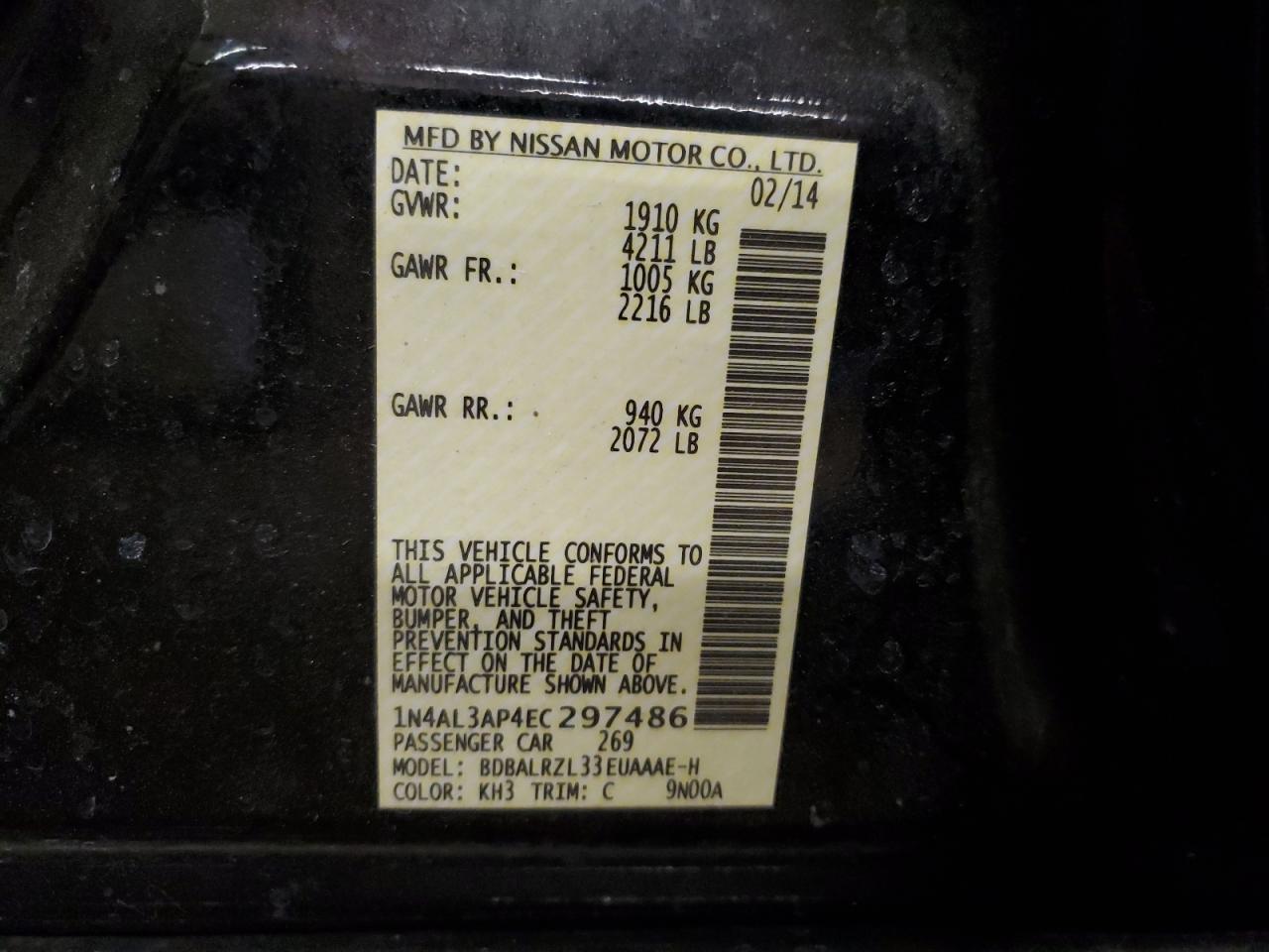2014 Nissan Altima VIN 1N4AL3AP4EC297486 Copart auction photo, front end / side damage thumbnail 12