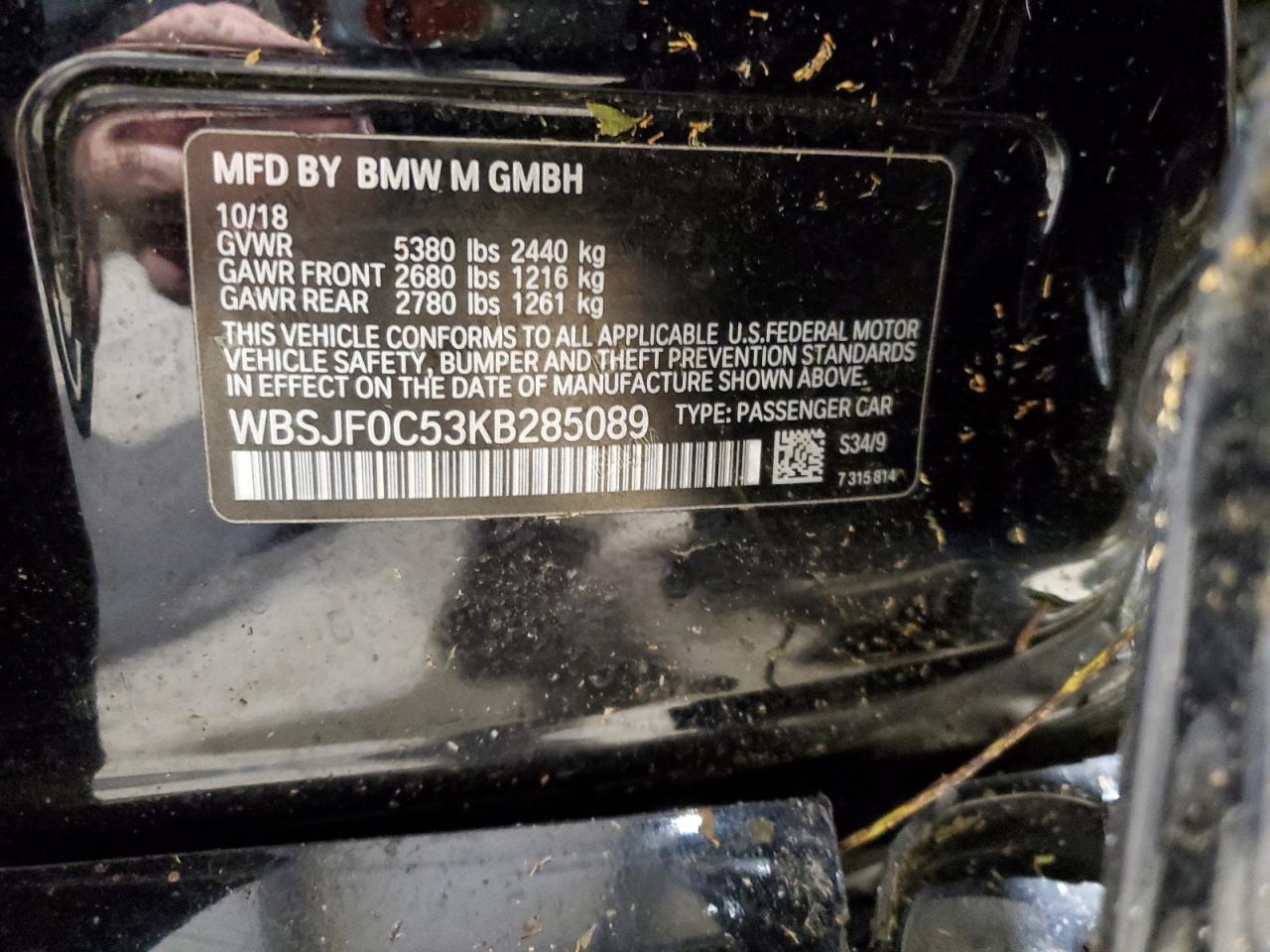 2019 BMW M5 VIN WBSJF0C53KB285089 Copart auction photo, side damage thumbnail 12