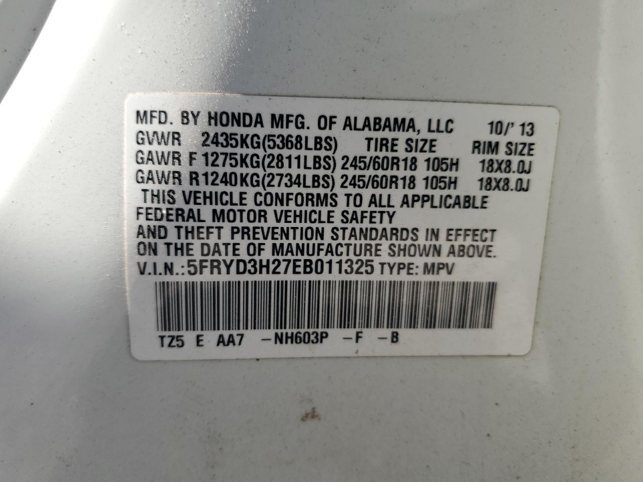 2014 Acura MDX VIN 5FRYD3H27EB011325 Copart auction photo, front end / minor dent/scratches damage thumbnail 13