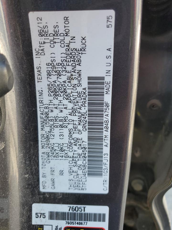 2012 Toyota Tacoma VIN 5TFLU4EN8CX045017 Copart auction photo, all over damage thumbnail 12