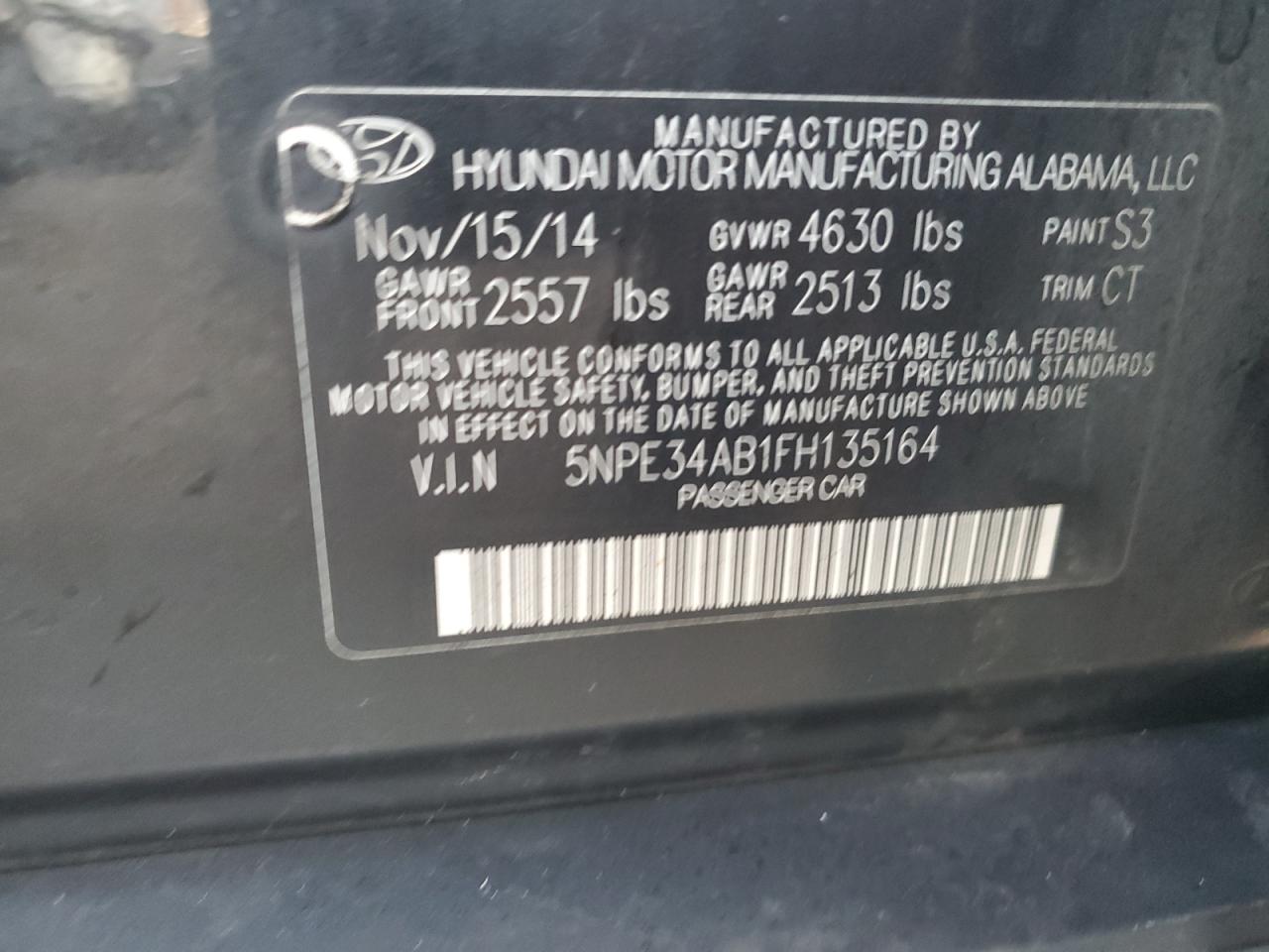 2015 Hyundai Sonata VIN 5NPE34AB1FH135164 Copart auction photo, front end damage thumbnail 12