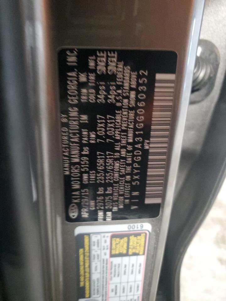 2016 KIA Sorento VIN 5XYPGDA31GG060352 Copart auction photo, front end damage thumbnail 13