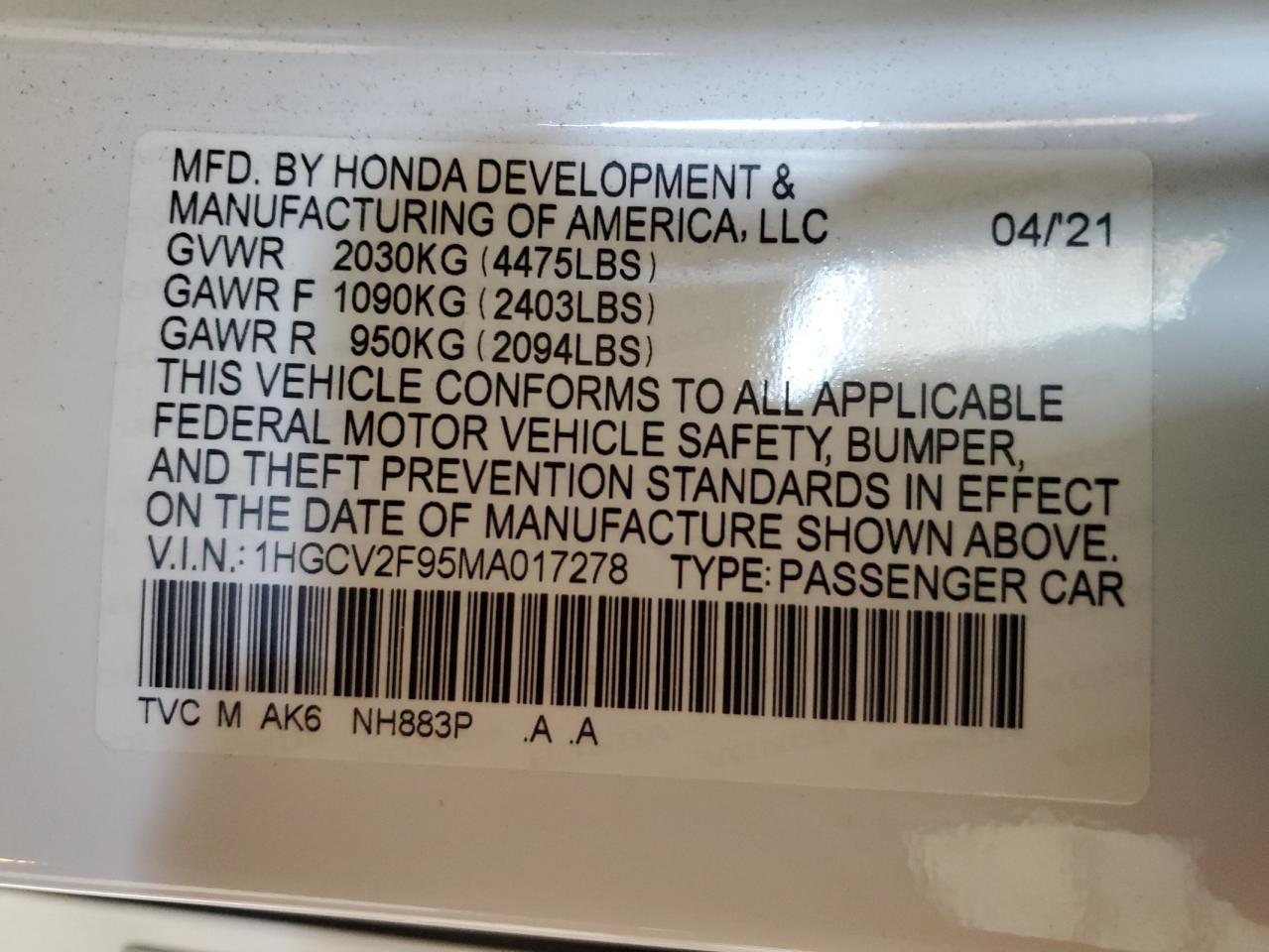 2021 Honda Accord VIN 1HGCV2F95MA017278 Copart auction photo, rear end damage thumbnail 14