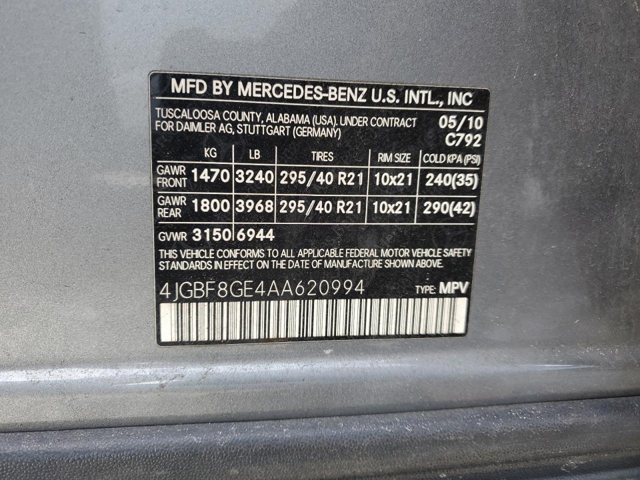 2010 Mercedes-Benz GL-klasse VIN 4JGBF8GE4AA620994 Copart auction photo, front end damage thumbnail 12