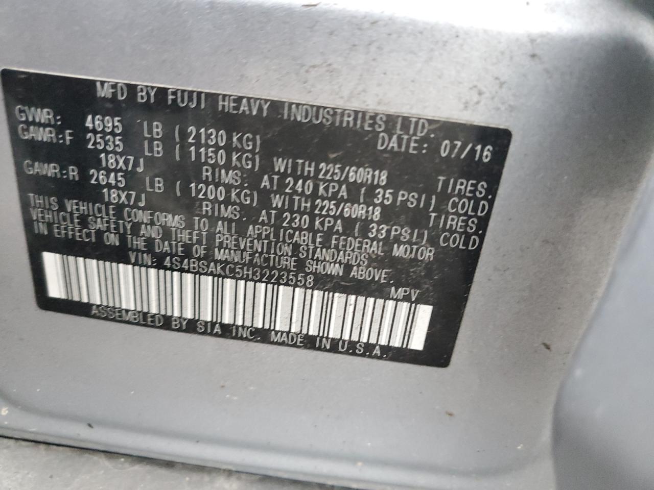 2017 Subaru Outback VIN 4S4BSAKC5H3223558 Copart auction photo, front end / minor dent/scratches damage thumbnail 15