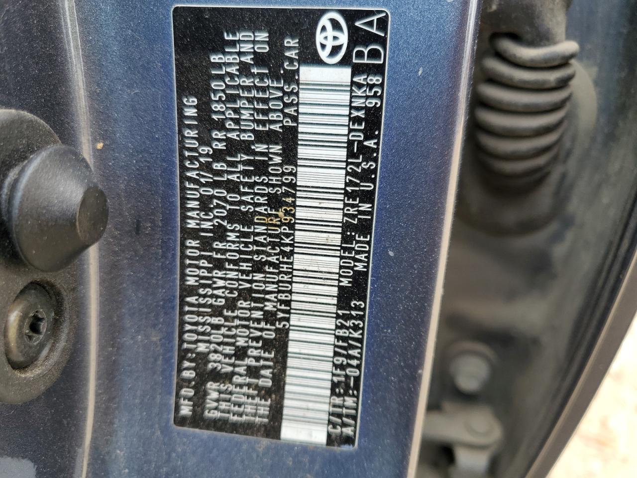2019 Toyota Corolla VIN 5YFBURHE4KP934799 Copart auction photo, front end damage thumbnail 15