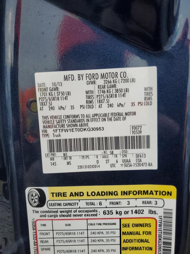 2013 Ford F-150 VIN 1FTFW1ET0DKG30953 Copart auction photo, rear end / front end damage thumbnail 12