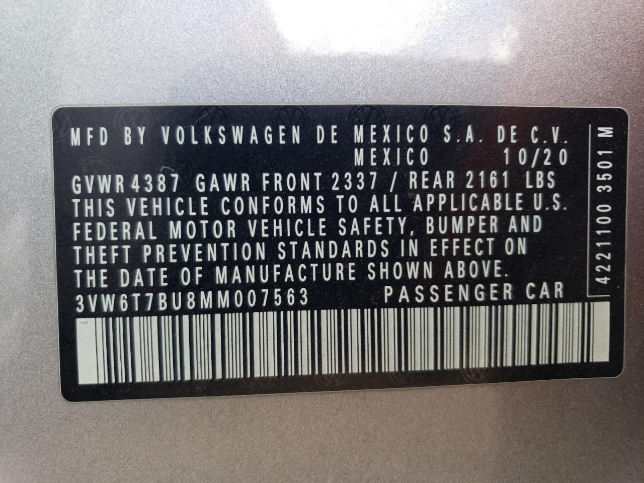 2021 Volkswagen Jetta VIN 3VW6T7BU8MM007563 Copart auction photo, front end damage thumbnail 12
