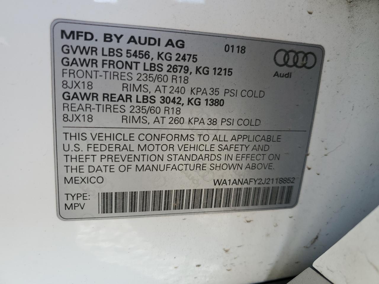 2018 Audi Q5 VIN WA1ANAFY2J2118852 Copart auction photo, front end / side damage thumbnail 15