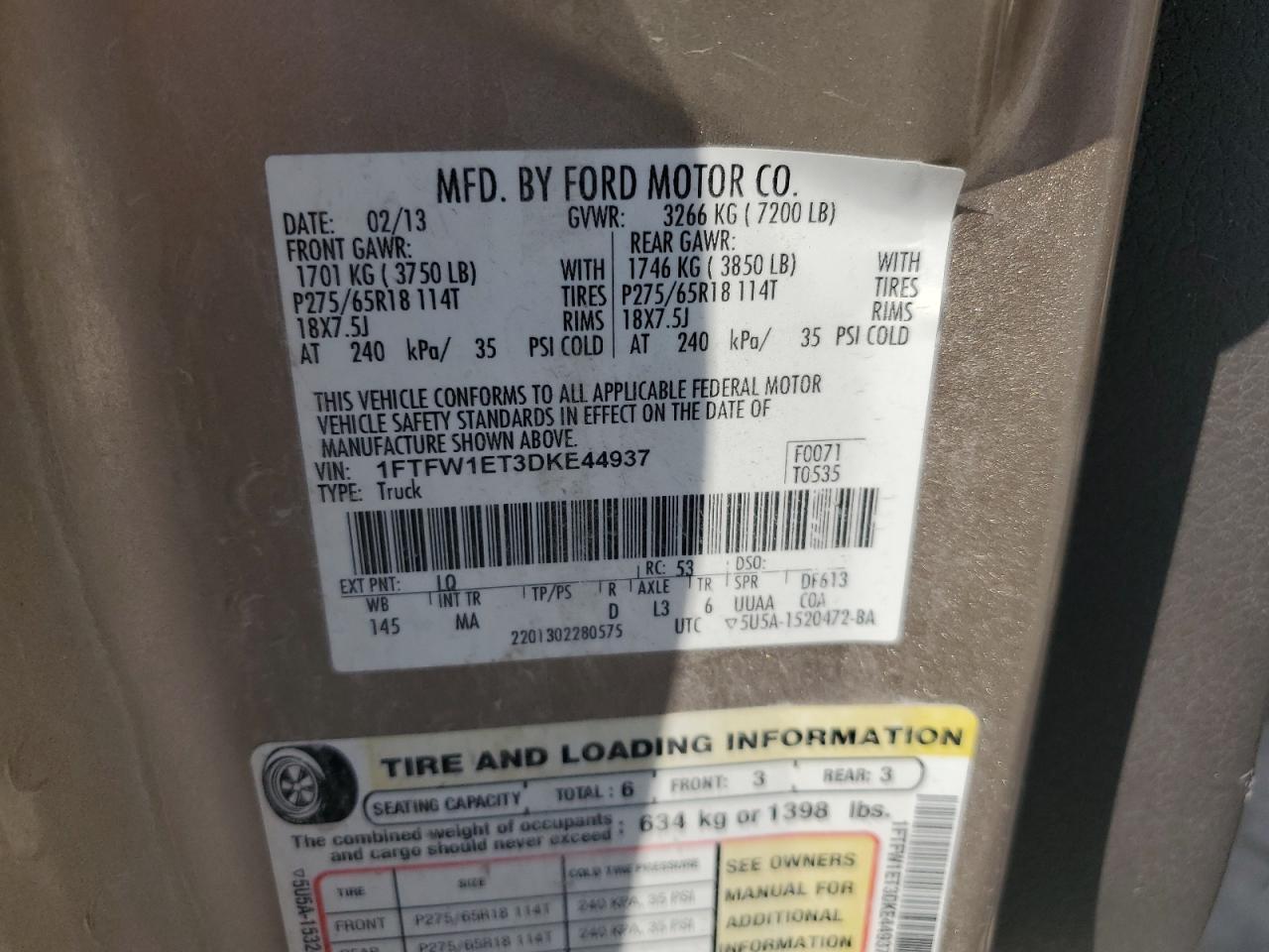 2013 Ford F-150 VIN 1FTFW1ET3DKE44937 Copart auction photo, all over / minor dent/scratches damage thumbnail 12