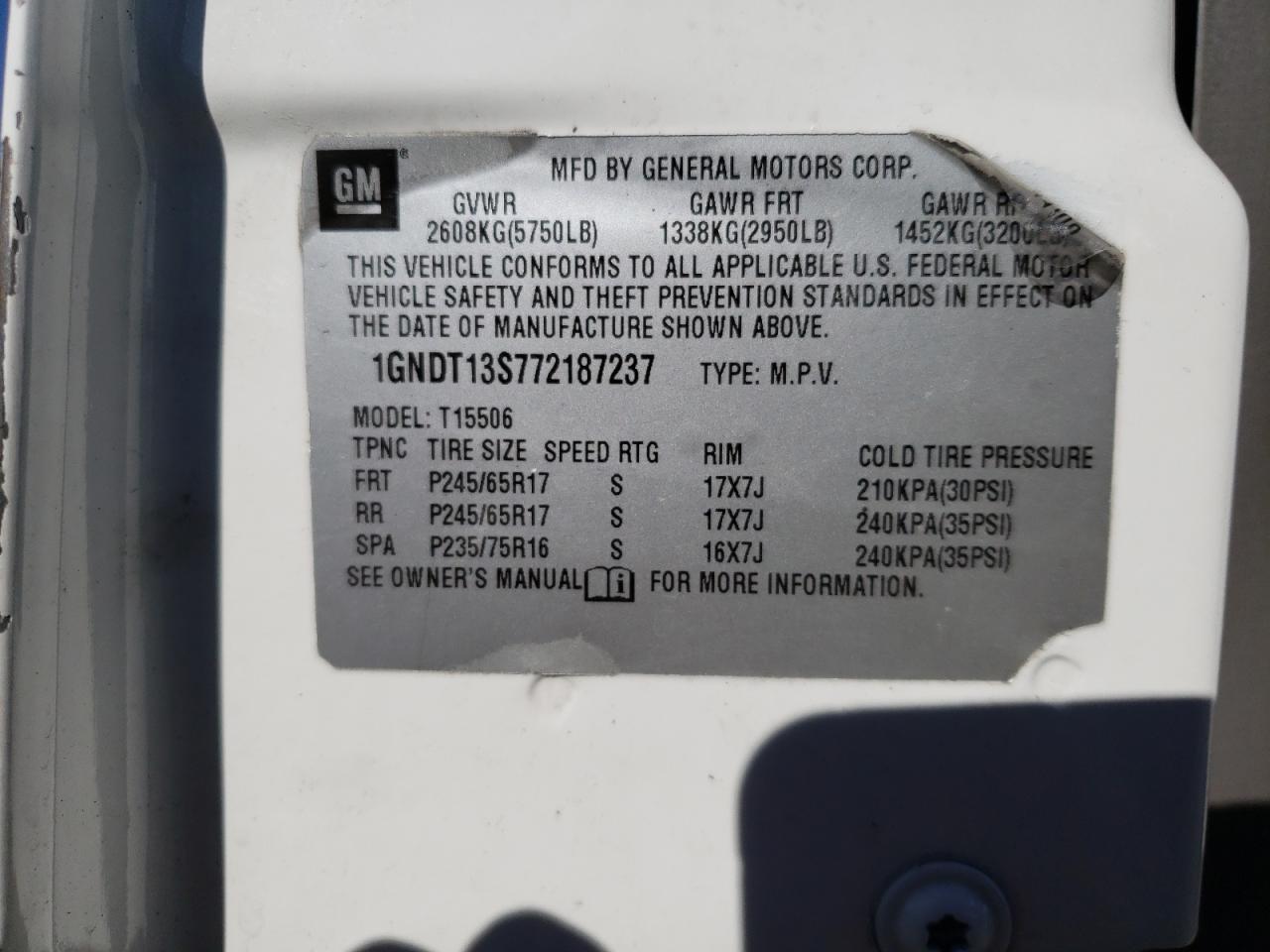2007 Chevrolet TrailBlazer VIN 1GNDT13S772187237 Copart auction photo, front end damage thumbnail 13