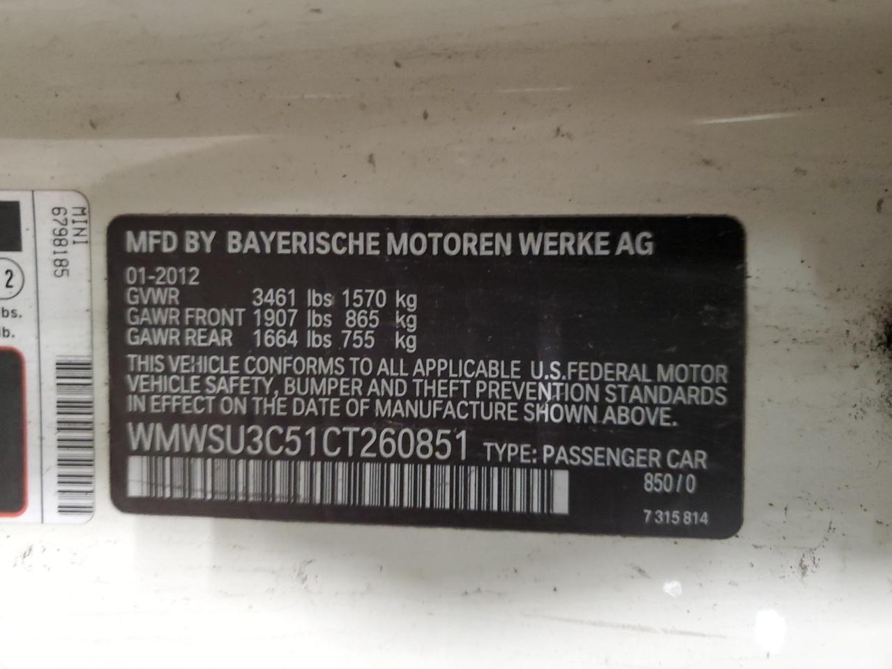 2012 MINI Cooper VIN WMWSU3C51CT260851 Copart auction photo, front end / minor dent/scratches damage thumbnail 13
