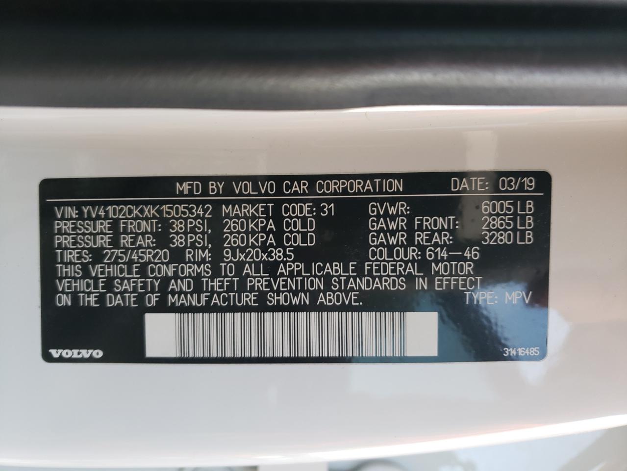 2019 Volvo XC90 VIN YV4102CKXK1505342 Copart auction photo, front end / side damage thumbnail 14