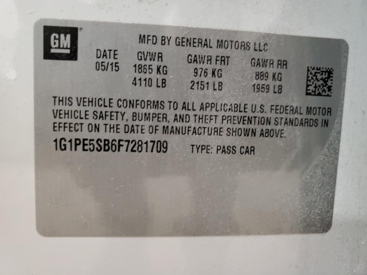 2015 Chevrolet Cruze VIN 1G1PE5SB6F7281709 Copart auction photo, front end damage thumbnail 12