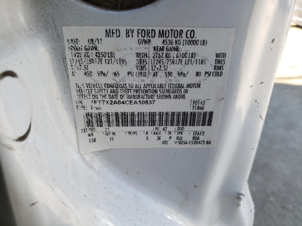 2012 Ford F250 VIN 1FT7X2A64CEA10837 Copart auction photo, front end / side damage thumbnail 13