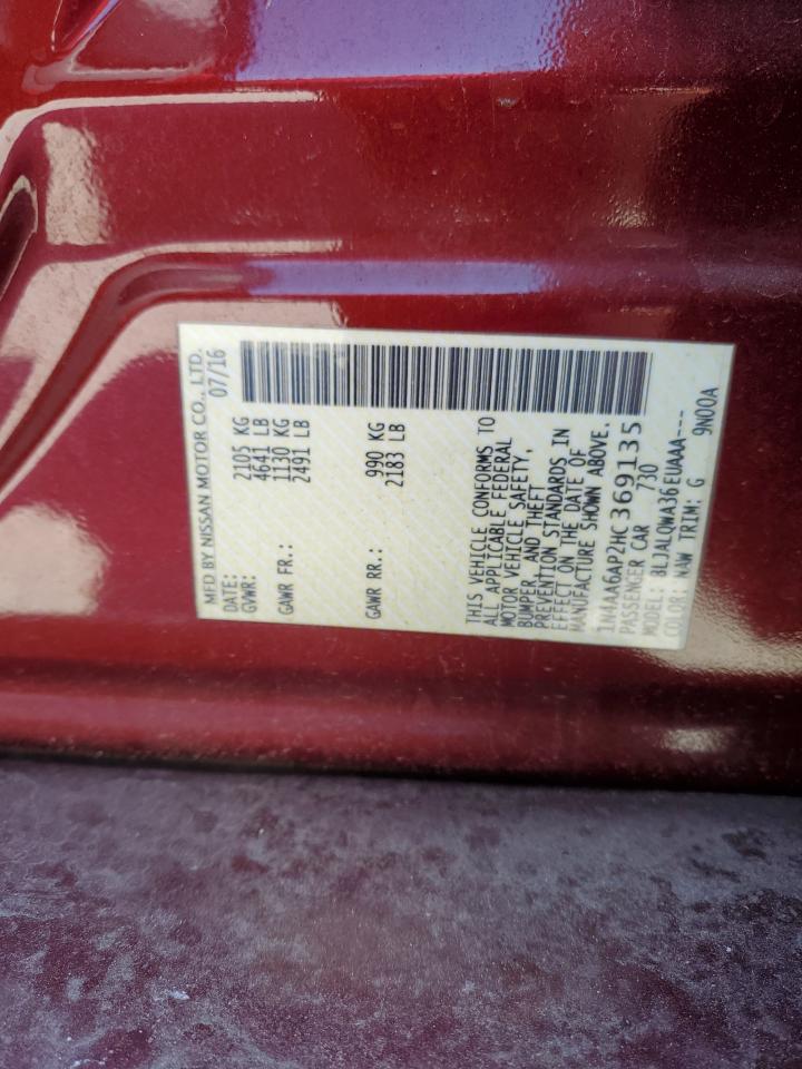 2017 Nissan Maxima VIN 1N4AA6AP2HC369135 Copart auction photo, rear end damage thumbnail 14