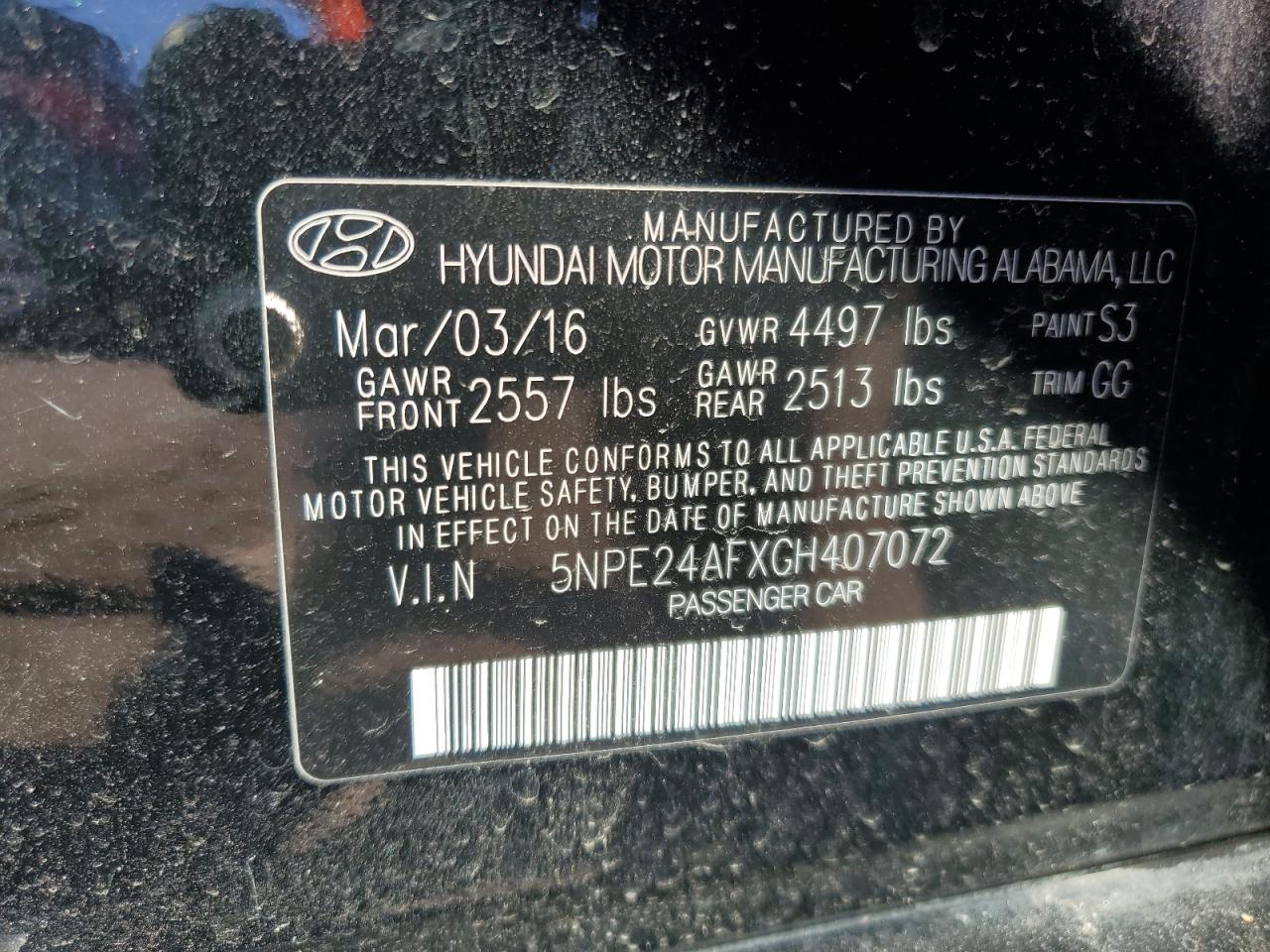 2016 Hyundai Sonata VIN 5NPE24AFXGH407072 Copart auction photo, side / front end damage thumbnail 12
