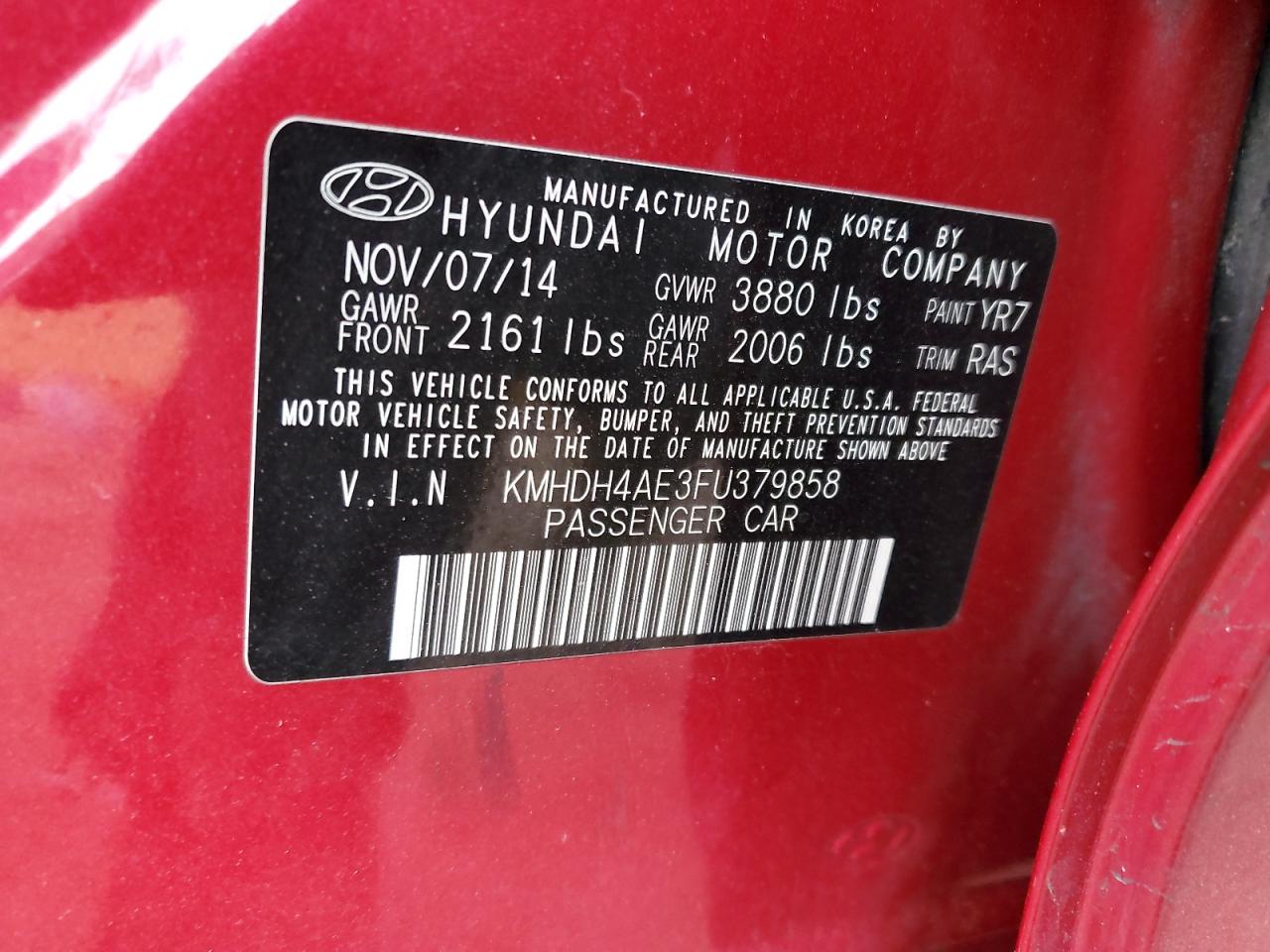 2015 Hyundai Elantra VIN KMHDH4AE3FU379858 Copart auction photo, side damage thumbnail 12