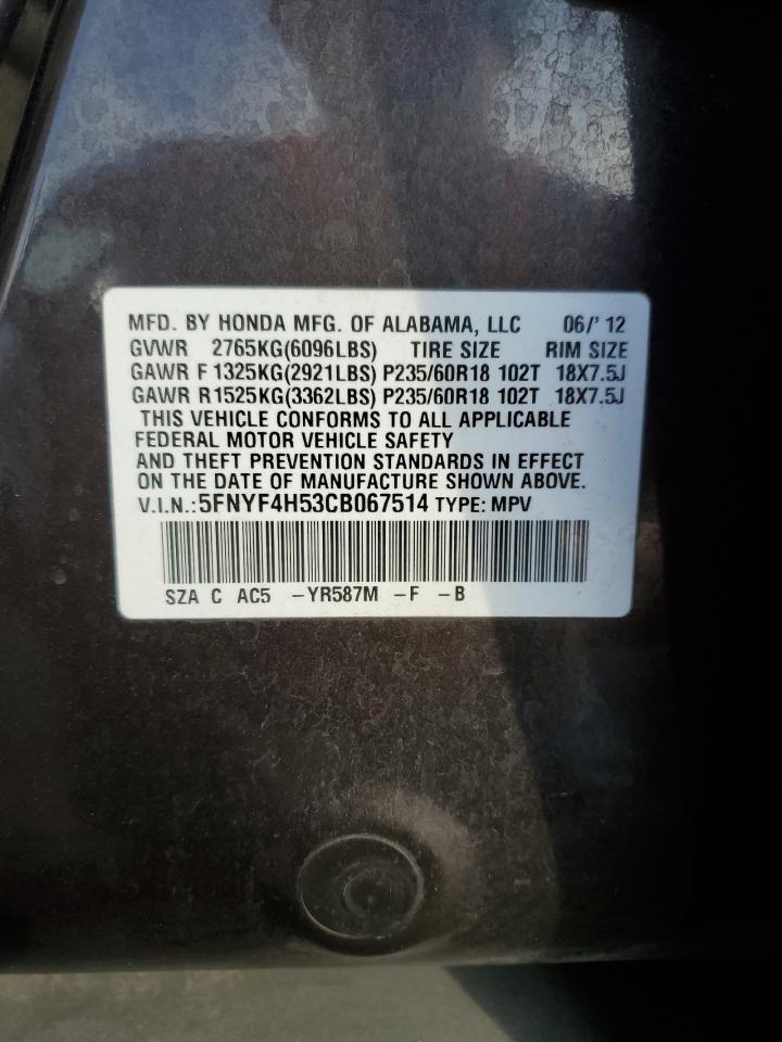 2012 Honda Pilot VIN 5FNYF4H53CB067514 Copart auction photo, front end / rear end damage thumbnail 13