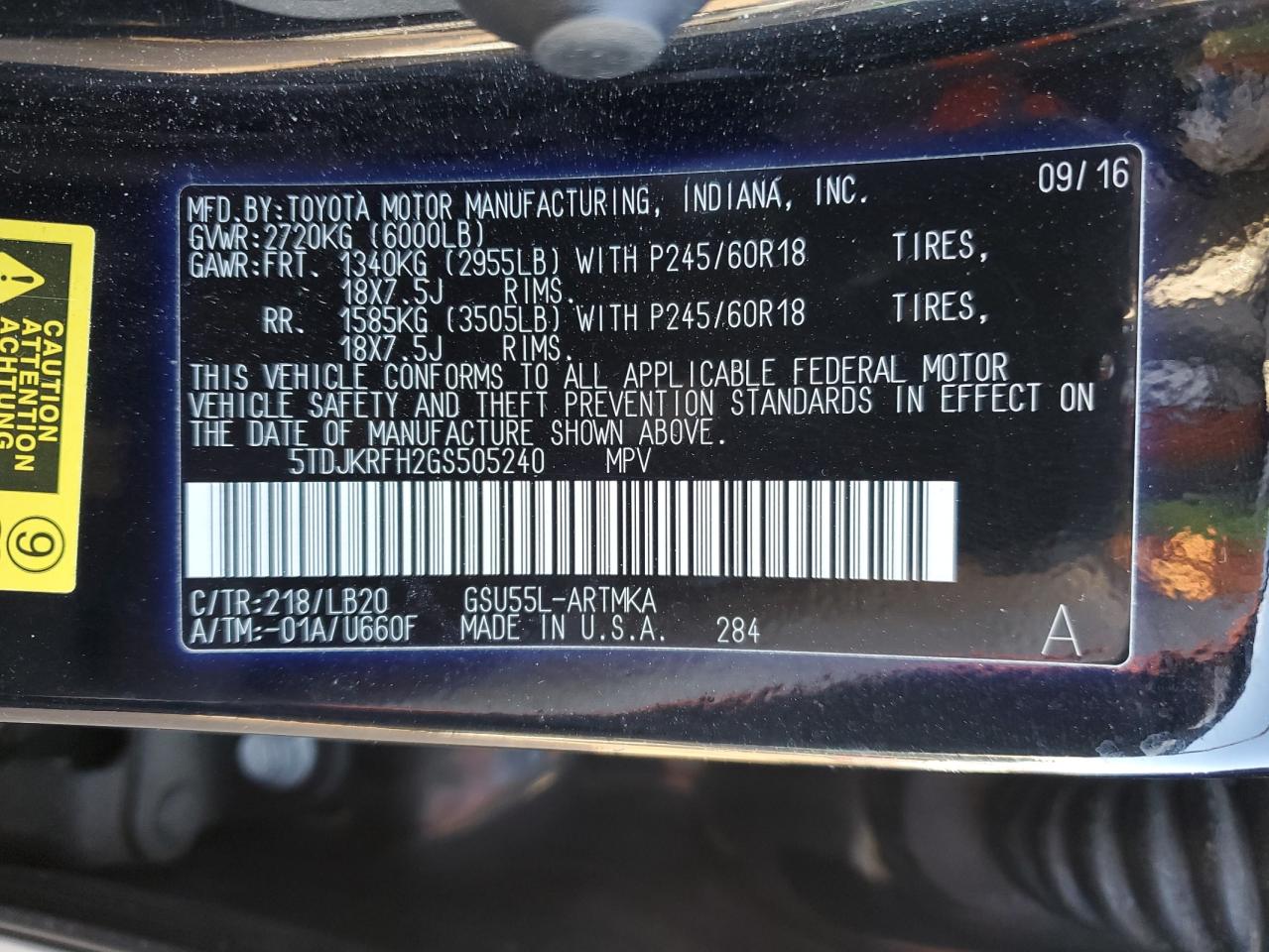 2016 Toyota Highlander VIN 5TDJKRFH2GS505240 Copart auction photo, front end damage thumbnail 14
