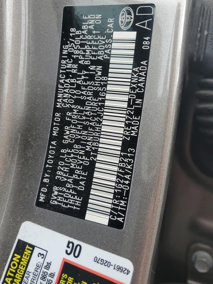 2018 Toyota Corolla VIN 2T1BURHE2JC116518 Copart auction photo, rear end damage thumbnail 12