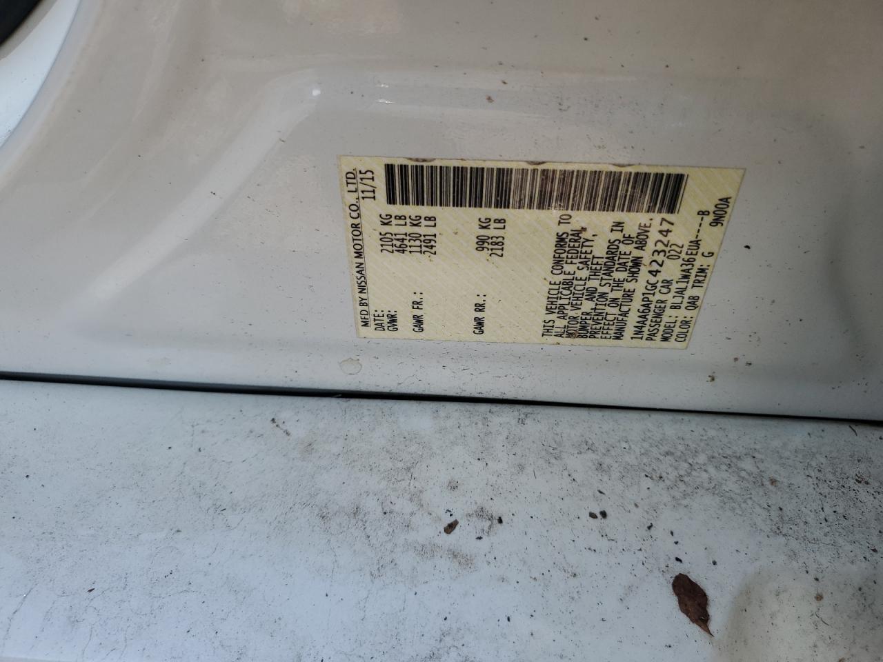 2016 Nissan Maxima VIN 1N4AA6AP1GC423247 Copart auction photo, rear end / front end damage thumbnail 12