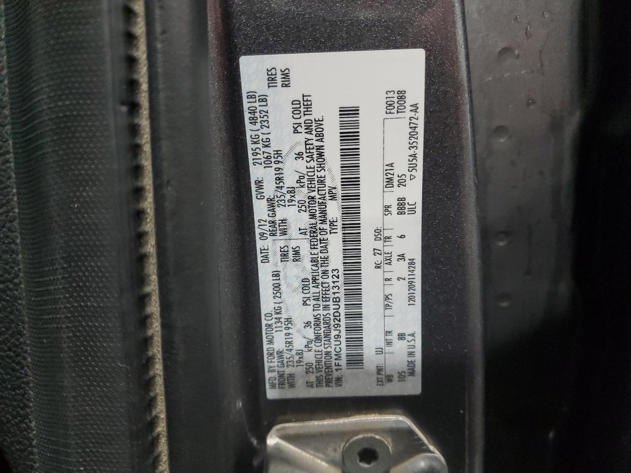2013 Ford Escape VIN 1FMCU9J92DUB13123 Copart auction photo, front end damage thumbnail 15