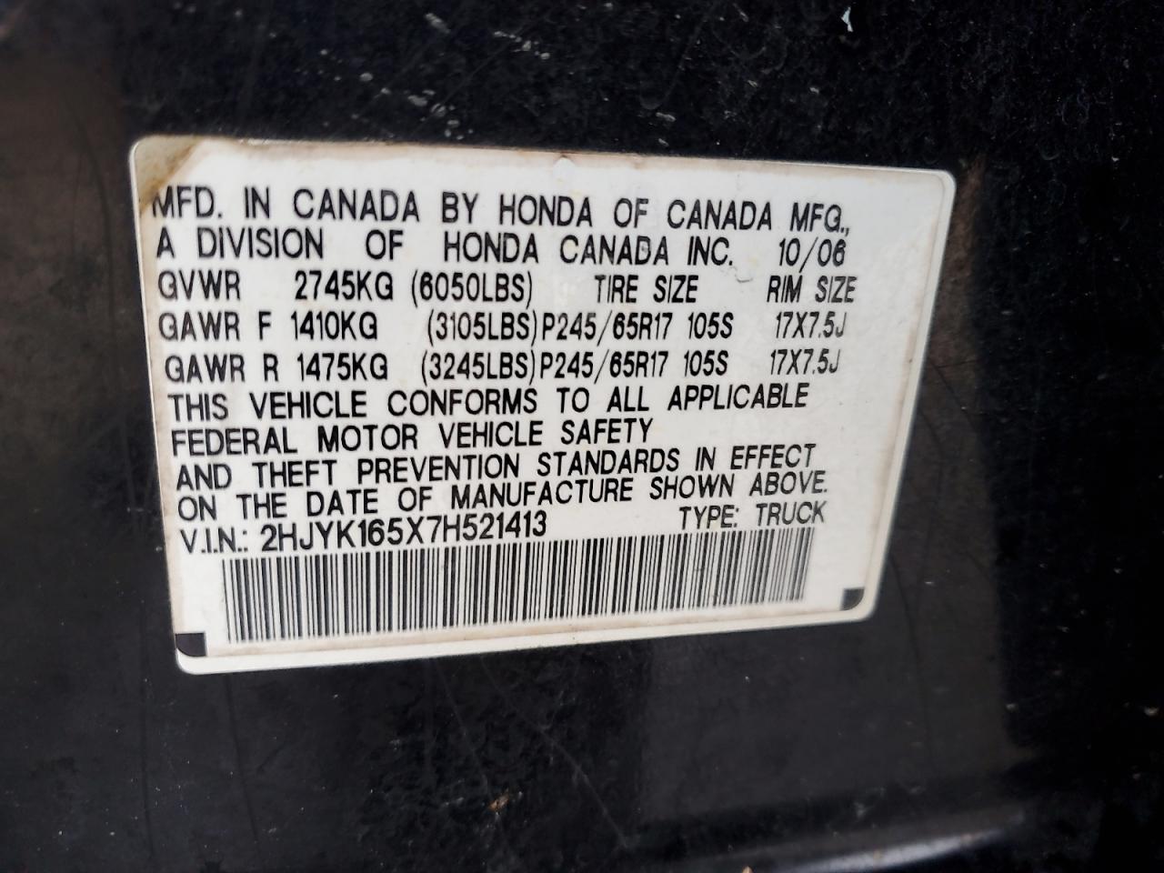 2007 Honda Ridgeline VIN 2HJYK165X7H521413 Copart auction photo, front end / rear end damage thumbnail 12