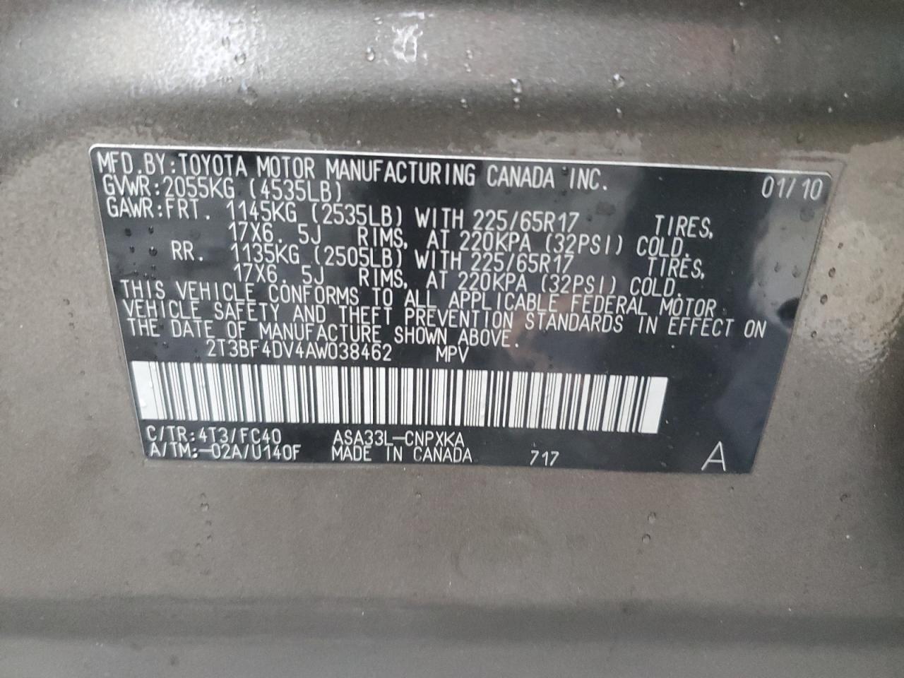 2010 Toyota RAV 4 VIN 2T3BF4DV4AW038462 Copart auction photo, rear end damage thumbnail 16