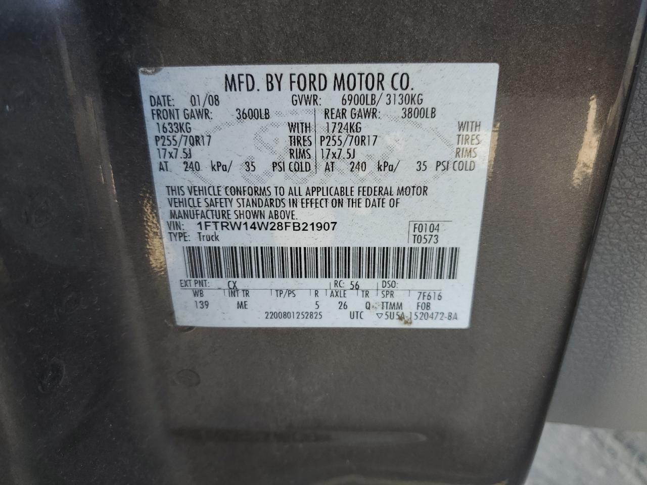 2008 Ford F-150 VIN 1FTRW14W28FB21907 Copart auction photo, rear end / vandalism damage thumbnail 12