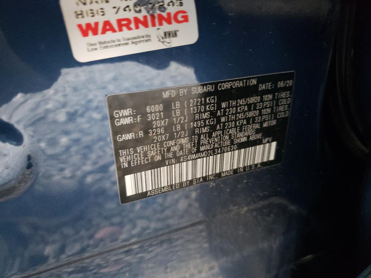 2020 Subaru Ascent VIN 4S4WMAMD2L3470630 Copart auction photo, rear end / minor dent/scratches damage thumbnail 16